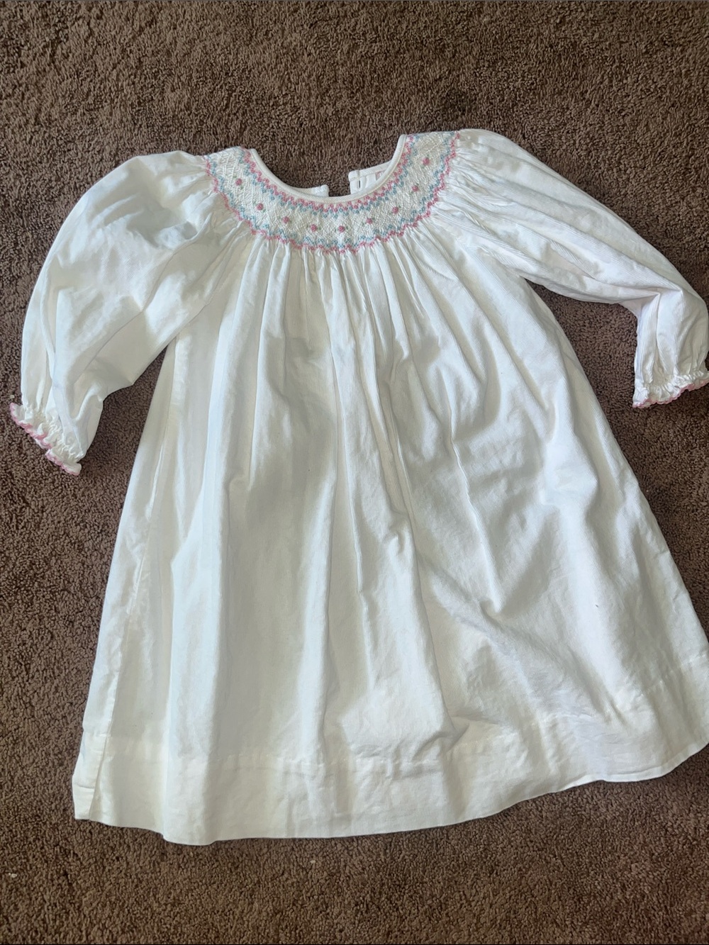 Petit Bateau White Corduroy Dress with Pink and Blue Smocked Embroidery